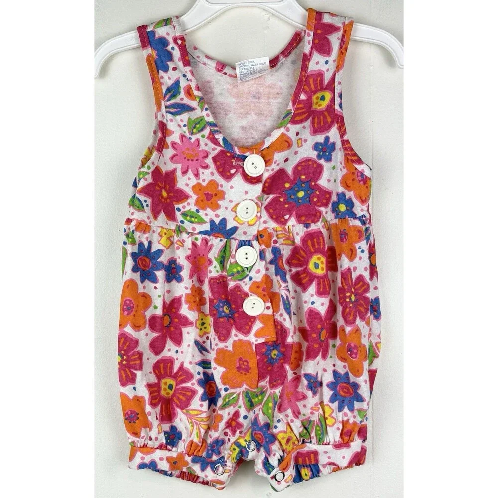Vintage 12 Month Romper Girls 90s Colorful Floral Bright Summer